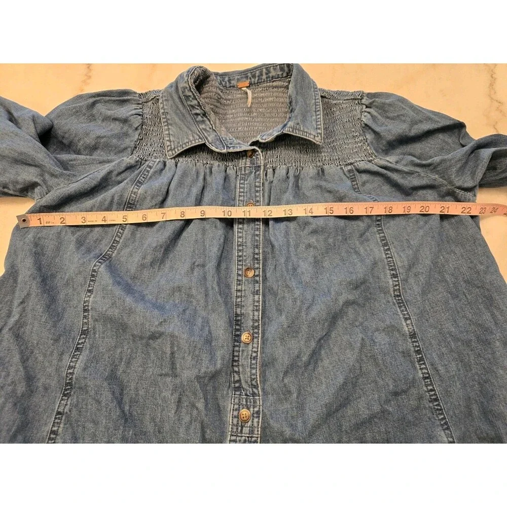Free People Find Me Now Denim Smocked Button Down Mini Dress Tunic Pockets Med